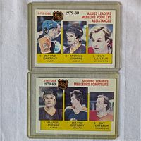 Two 1980 O-Pee-Chee hockey cards featuring NHL leaders in assists and scoring for the 1979-80 season, protected in plastic cases.