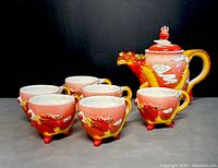 Photo showing the teapot and five matching dragonware cups arranged with teapot in back center and five cups surrounding it.