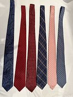 Six men's silk ties laid out showing front patterns and colors including navy paisley, reds, blue plaid, pink, and blue with dots.