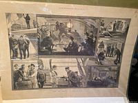 Full view of antique Royal Navy print with multiple scenes on one page showing sailors and officers engaged in various shipboard activities.