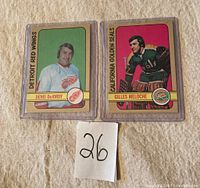 Both hockey cards side by side encased in protective plastic sleeves on a beige textured surface with a '26' paper.