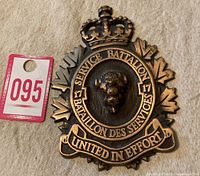 Full view of the 17 Service Battalion brass/bronze plaque beside a numbered tag for scale, showing complete design.