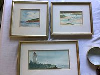 Set of three original framed watercolour paintings by Margaret C. Frizzell shown together on table, displaying overall lot contents