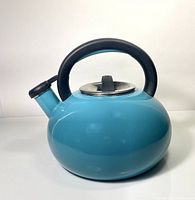 Front and side view of turquoise Circulon stovetop kettle showing the rounded body, black handle, and spout cap.