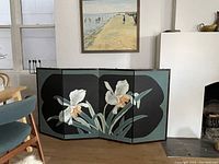 Front view of the 4-panel folding screen with floral painting, showing full width and height in room setting.