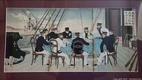 Full view of the three-panel Japanese ink artwork showing naval officers sitting at a table on deck.