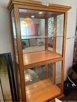 Front view showing tall wood cabinet with glass panels and light inside. Shows crown molding top and overall structure.