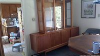 Full view of teak credenza, separate base and wood hutch assembled together