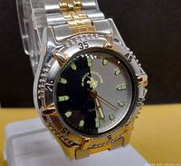 Close-up angled view of the men's two-tone Seabrook Polo Club wristwatch showing black and white segmented dial with luminous markers and combined silver and gold metal band.