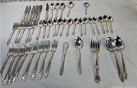 Wide shot showing entire silverware set arranged on fabric including knives, forks, spoons, and serving pieces with detailed ornate handles.