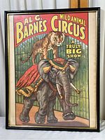 Frontal view of the vintage Al G. Barnes Wild Animal Circus poster with tiger on top of elephant illustration and colorful text.