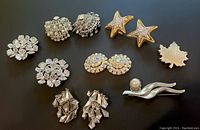 Nine pairs of vintage costume jewelry earrings and one brooch arranged on a black surface, showing various styles and designs.
