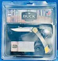 Front view of Buck 110 Folding Hunter knife unopened in original blister pack, showing wooden and brass handle and steel blade.