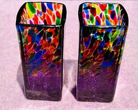 Pair of purple square Murano glass vases with colorful spatter pattern inside