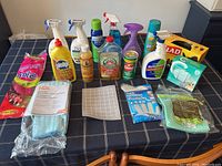 Overall view of all cleaning products, gloves, and cloths arranged on table