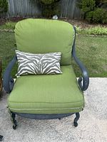 Front view of one outdoor chair showing green cushions and zebra pattern rectangular pillow. Chair is metal with curved armrests.