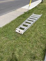 Aluminum 6ft step ladder lying on grass near sidewalk, showing full length and condition.