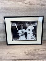 Front view of the framed black and white photograph featuring Mickey Mantle and a teammate in Yankees uniforms.