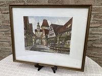 Front angled view of framed hand-colored print showing the street scene in Rothenburg.