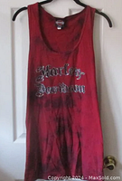 Full view of the dark red tie dye Harley Davidson tank top size XL on hanger.