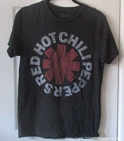 Full front view of black Red Hot Chili Peppers t-shirt hanging showing worn graphic print design.