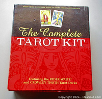 Top view of kit box showing title and prominent red and black design with text mentioning Rider-Waite and Crowley Thoth decks.