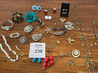 Photo of various costume jewelry pieces spread out on a wooden surface including brooches, earrings, pins, necklaces, and a bracelet.