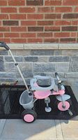 Close-side view of tricycle showing pink body, gray safety bar around the seat, black wheels, and rear push handle.