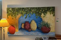Wide shot of the entire rectangular painting showing pottery and foliage scene for scale and condition assessment.