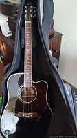 Black Oscar Schmidt acoustic guitar inside black padded carrying case.