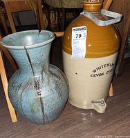 View of both the ceramic vase and water dispenser crock side by side showing size and details