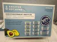 Photo of packaging front showing brand, product image, and features including glass being microwave, oven, freezer, dishwasher safe and 30% stronger tempered glass.