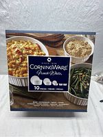 Front of the CorningWare French White 10 Piece Bakeware Set box showing images of the dishes and serving suggestions.