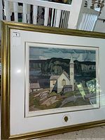 Overall view of framed print showing Anglican Church at Magnetawan in gold frame with double mat