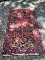 Full view of the rug laid flat showing the central medallion, border designs, and color palette.