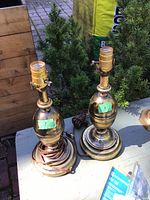 Two brass lamp bases with attached cords placed outdoors on a surface near greenery and wooden paneling. The photo shows both bases from a top-front angle displaying their round polished brass bodies and round bases.