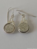 Pair of silver-tone earrings with round rhinestone clusters, front view showing full design and hooks.