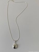 Full view of the sterling silver necklace with oval locket pendant laid out on a flat surface.