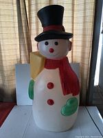 Front view of the Frosty the Snowman blow mold showing the full figure with top hat, scarf, broom, and mittens.