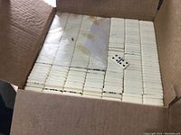 Overhead view of the open box filled with neatly arranged white domino tiles with black pips, showing a few tiles on top.