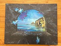 Front view of 'Illusions' artwork showing puzzle piece coastal scene through arched window on marble background.