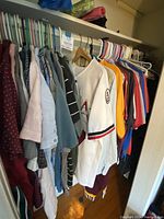 Closet side with various button-up shirts and t-shirts hung on hangers showing a range of colors including white, blue, maroon, and striped patterns.