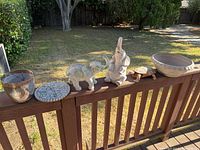 Outdoor garden setting showing entire lot on wooden fence railing with morning light