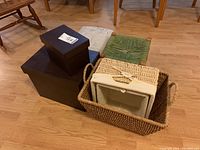 Photo showing two black boxes with lids, one large natural woven basket with handles containing two baskets with cotton liners inside, and blurred background chairs.