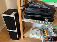 Overview showing two Reference R6B speakers next to a wooden shelf holding a black Citizen CD player and a silver Harman Kardon receiver.