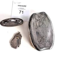 Photo of all three items arranged together: vanity tray, nail buff, and perfume bottle with dauber seen on white background with auction card