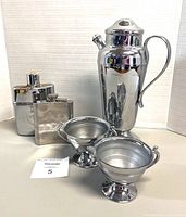 Full set showing all items: martini pitcher, sugar and creamer set, and two flasks