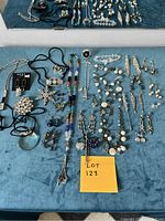 Image shows assorted vintage jewelry spread out on blue fabric including rhinestone brooches, multiple pairs of earrings, multi-colored beaded necklaces, and silver-tone pendants. A note marked 'LOT 123' is displayed.