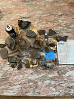 Overview of entire lot laid out with soda can for scale, showing all specimens and printed geological note