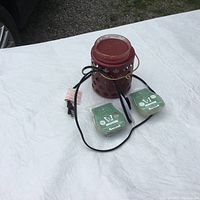 Photo showing red maple leaf ceramic Scentsy warmer with electrical cord and two green wax scent bars on a white surface.